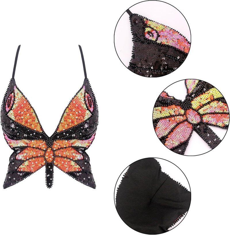Mocure Womens Glitter Sequin Butterfly Crop Top Low-Cut Tank Top Rave Tube Vest Top for Belly Dance Costume Outfits - Image 5